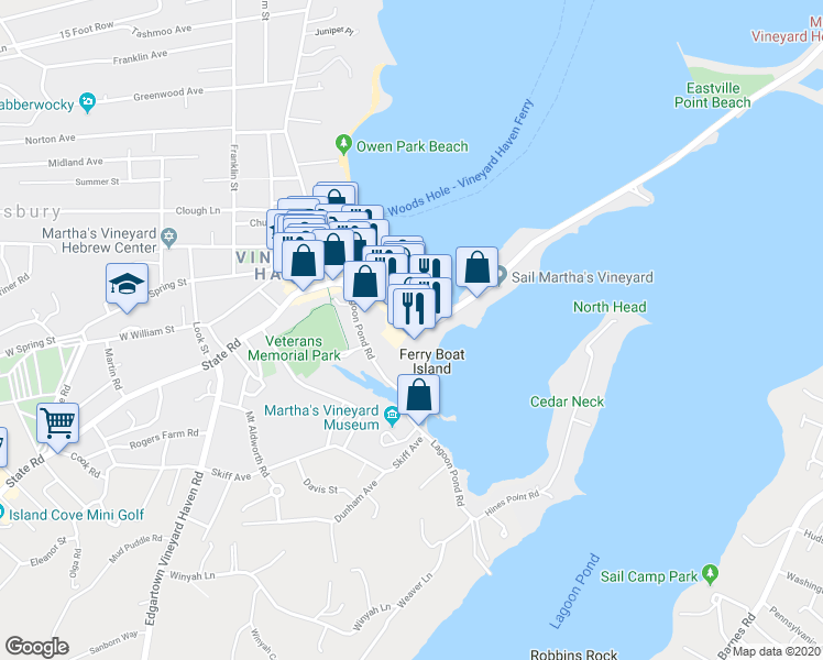 map of restaurants, bars, coffee shops, grocery stores, and more near 79 Beach Road in Tisbury
