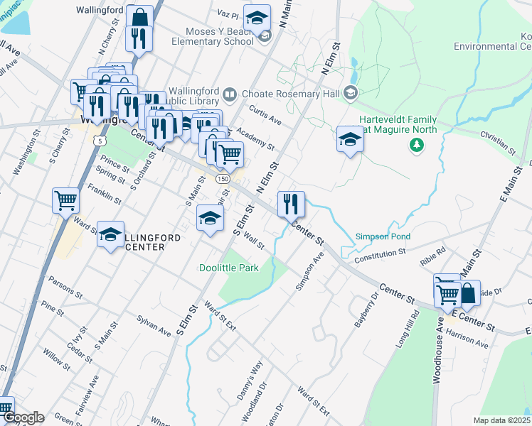 map of restaurants, bars, coffee shops, grocery stores, and more near 497 Center Street in Wallingford