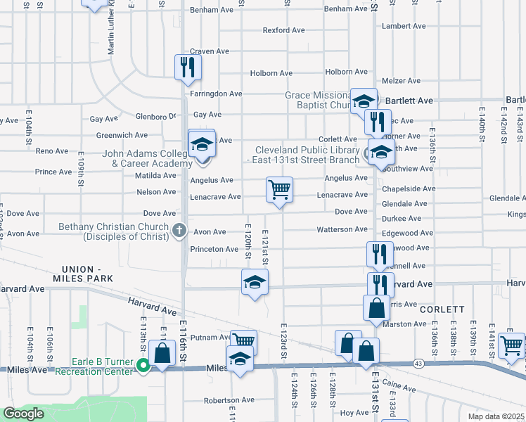 map of restaurants, bars, coffee shops, grocery stores, and more near 12017 Dove Avenue in Cleveland