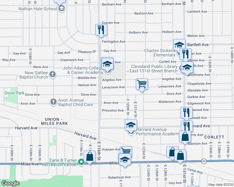 map of restaurants, bars, coffee shops, grocery stores, and more near 11825 Dove Avenue in Cleveland