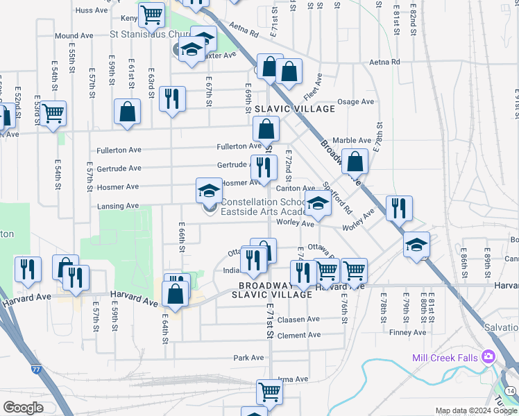 map of restaurants, bars, coffee shops, grocery stores, and more near in Cleveland