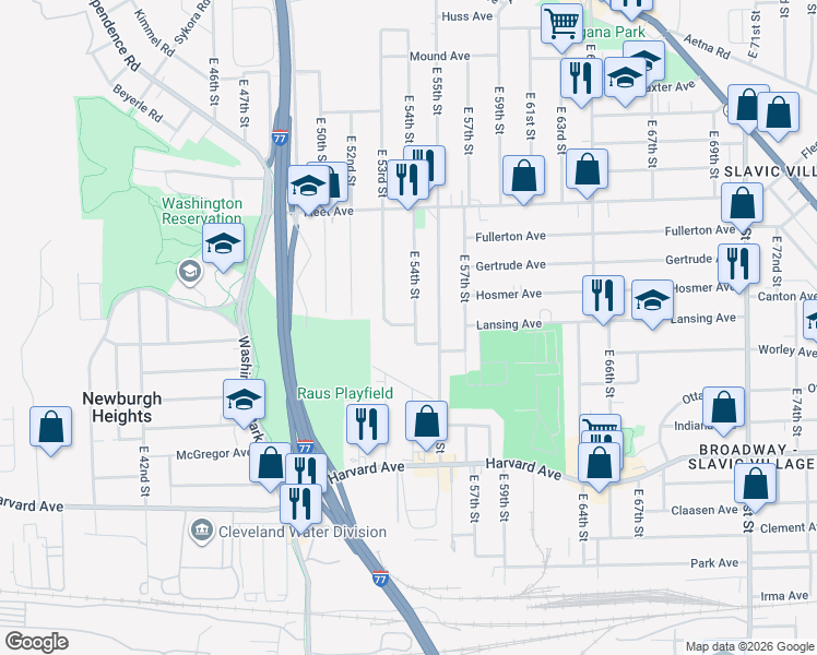 map of restaurants, bars, coffee shops, grocery stores, and more near 5303 Filo Avenue in Cleveland