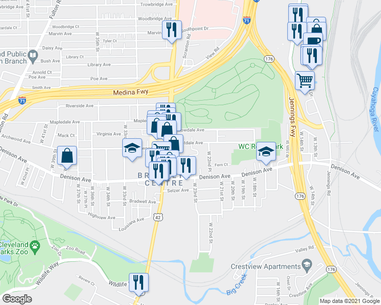 map of restaurants, bars, coffee shops, grocery stores, and more near 2227 Forestdale Avenue in Cleveland