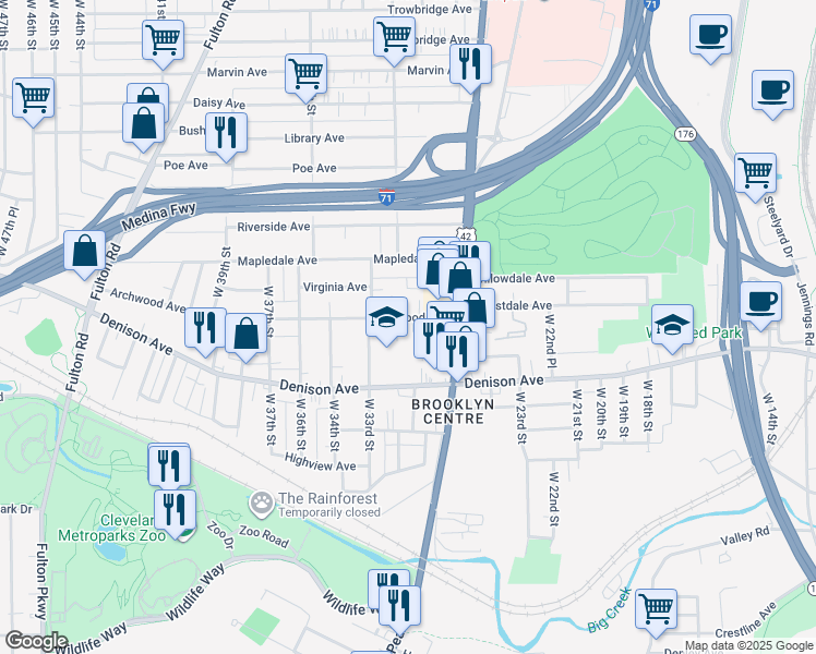 map of restaurants, bars, coffee shops, grocery stores, and more near 3003 Archwood Avenue in Cleveland