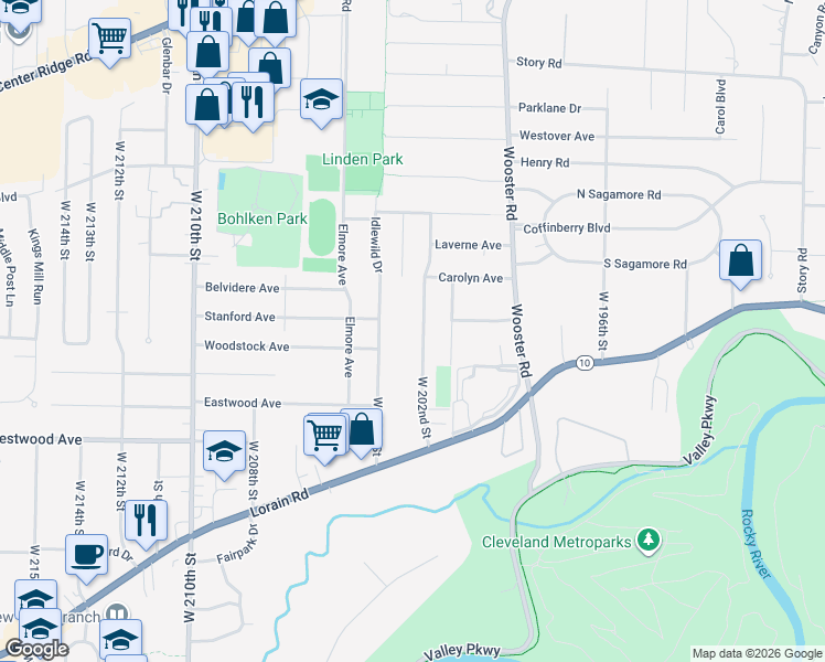 map of restaurants, bars, coffee shops, grocery stores, and more near 4284 West 202nd Street in Fairview Park