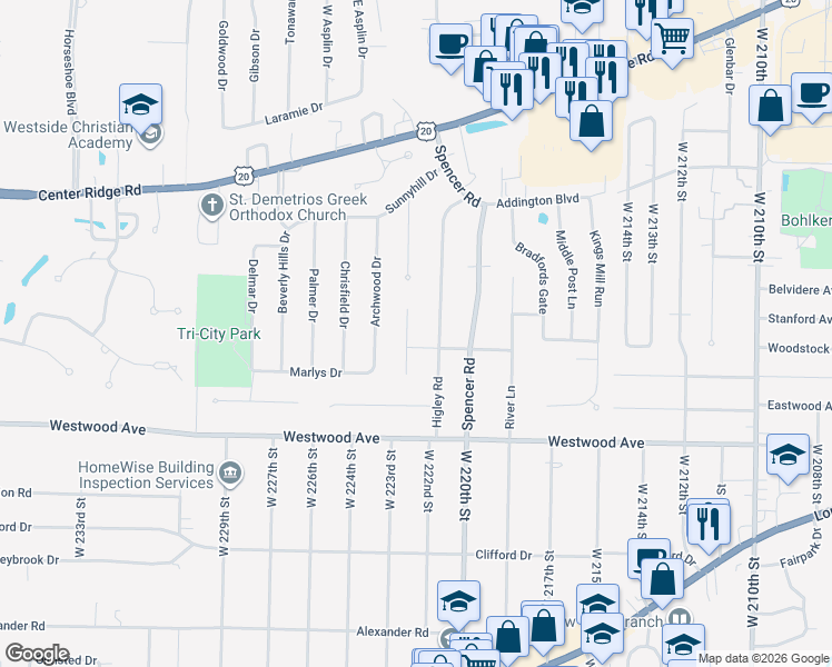map of restaurants, bars, coffee shops, grocery stores, and more near 3816 Higley Road in Rocky River