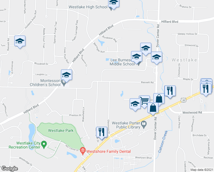 map of restaurants, bars, coffee shops, grocery stores, and more near 27775 Bassett Road in Westlake