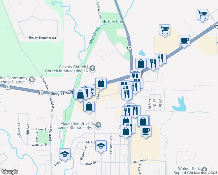 map of restaurants, bars, coffee shops, grocery stores, and more near 2609 2nd Ave in Muscatine