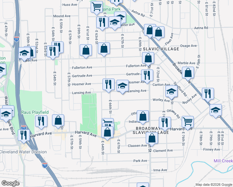 map of restaurants, bars, coffee shops, grocery stores, and more near 6622 Lansing Avenue in Cleveland