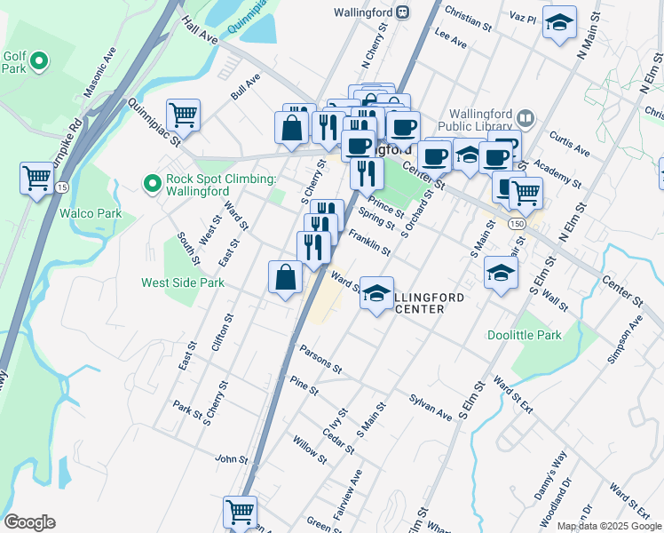 map of restaurants, bars, coffee shops, grocery stores, and more near 228 South Colony Road in Wallingford