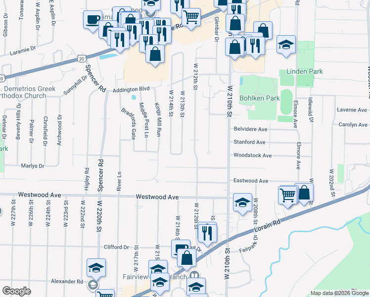 map of restaurants, bars, coffee shops, grocery stores, and more near 4045 West 213th Street in Fairview Park