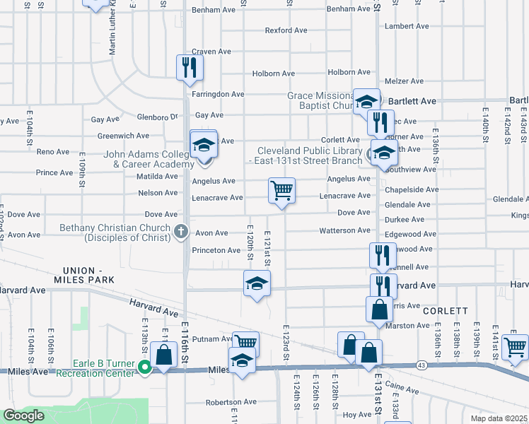 map of restaurants, bars, coffee shops, grocery stores, and more near 12017 Dove Avenue in Cleveland