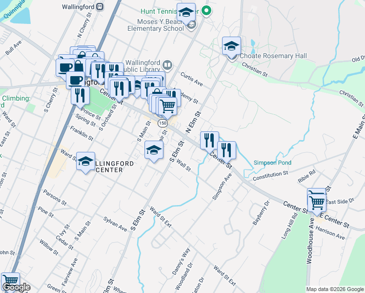 map of restaurants, bars, coffee shops, grocery stores, and more near 20 South Elm Street in Wallingford