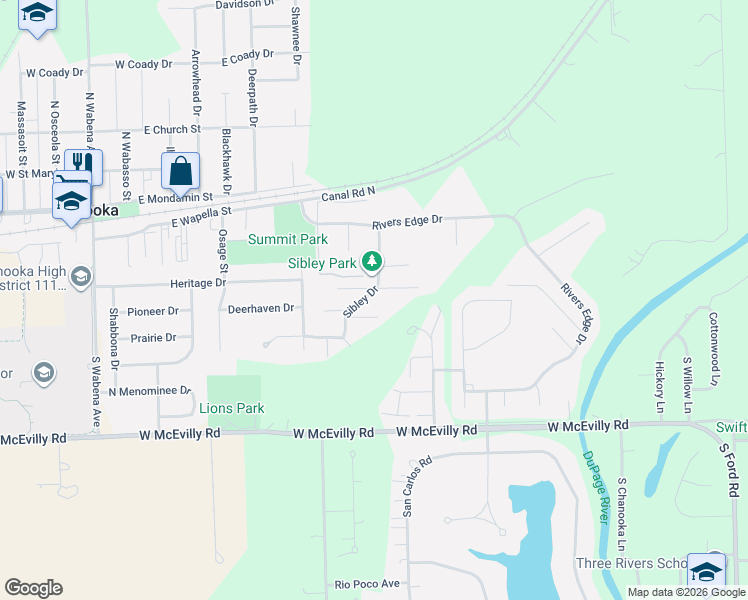 map of restaurants, bars, coffee shops, grocery stores, and more near 126 Sibley Drive in Minooka