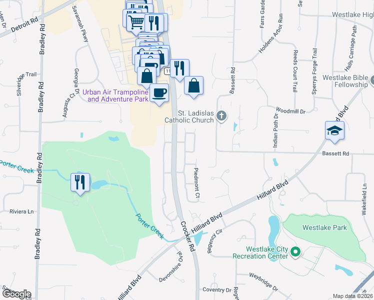 map of restaurants, bars, coffee shops, grocery stores, and more near 2430 Woodruff Court in Westlake