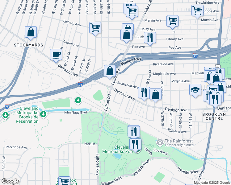 map of restaurants, bars, coffee shops, grocery stores, and more near 4403 Denison Avenue in Cleveland
