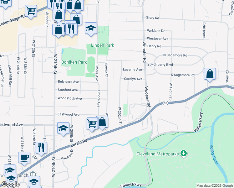 map of restaurants, bars, coffee shops, grocery stores, and more near 4284 West 202nd Street in Fairview Park