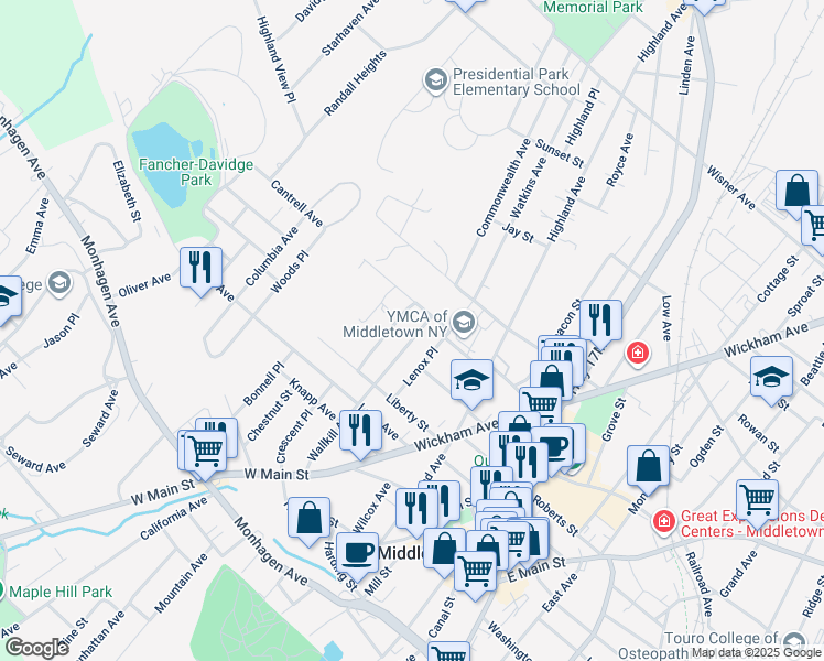 map of restaurants, bars, coffee shops, grocery stores, and more near 67 Wallkill Avenue in Middletown