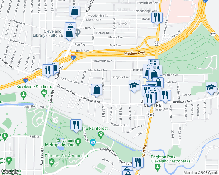 map of restaurants, bars, coffee shops, grocery stores, and more near 3603 Archwood Avenue in Cleveland