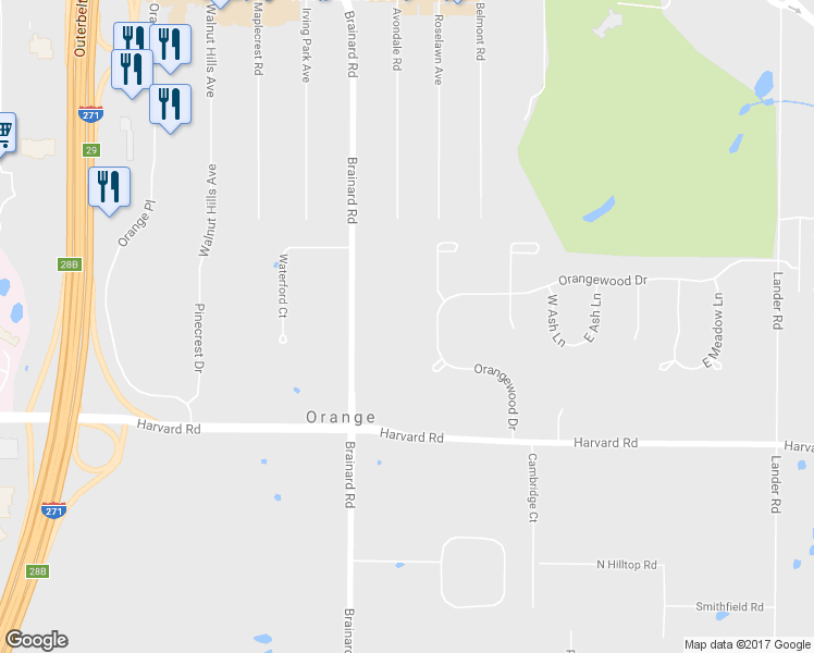 map of restaurants, bars, coffee shops, grocery stores, and more near 28455 Harvard Road in Beachwood