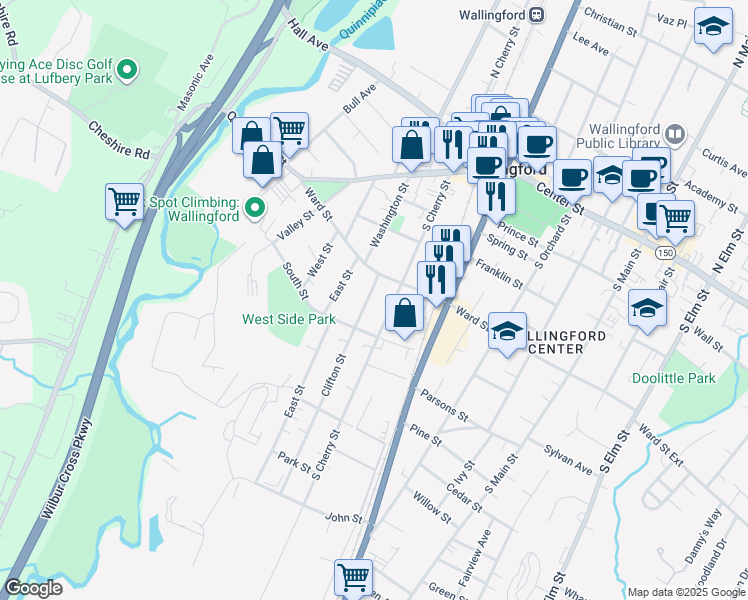 map of restaurants, bars, coffee shops, grocery stores, and more near 18 Clifton Street in Wallingford
