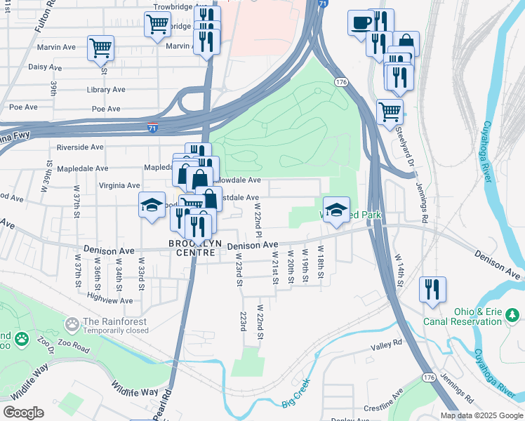 map of restaurants, bars, coffee shops, grocery stores, and more near 3783 W 22nd Pl in Cleveland