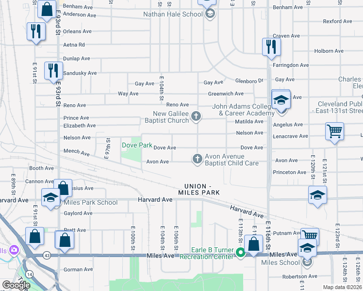 map of restaurants, bars, coffee shops, grocery stores, and more near 10609 Dove Avenue in Cleveland