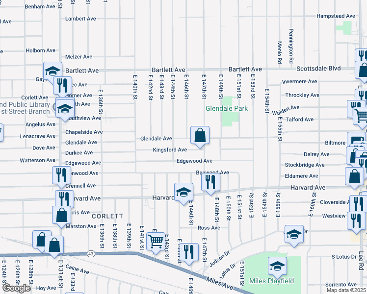 map of restaurants, bars, coffee shops, grocery stores, and more near 14505 Kingsford Avenue in Cleveland