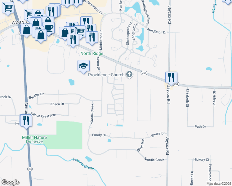 map of restaurants, bars, coffee shops, grocery stores, and more near in Avon