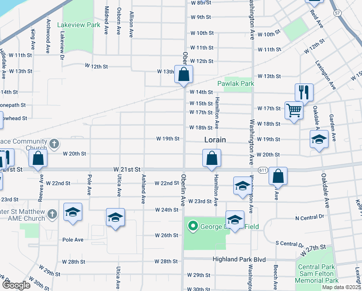 map of restaurants, bars, coffee shops, grocery stores, and more near 1926 Oberlin Avenue in Lorain