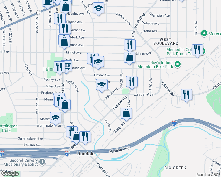 map of restaurants, bars, coffee shops, grocery stores, and more near 10914 Oliver Road in Cleveland