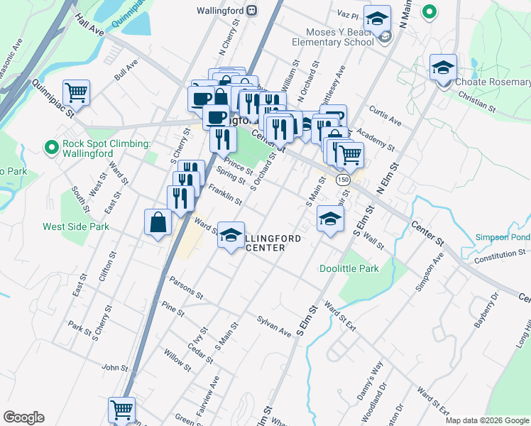 map of restaurants, bars, coffee shops, grocery stores, and more near 101 South Whittlesey Avenue in Wallingford