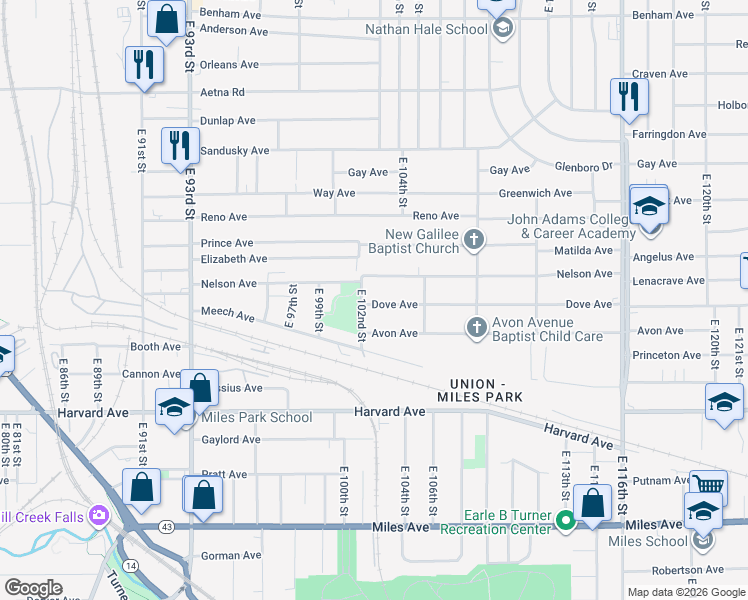 map of restaurants, bars, coffee shops, grocery stores, and more near 10215 Dove Avenue in Cleveland