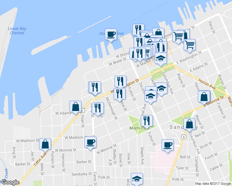 map of restaurants, bars, coffee shops, grocery stores, and more near 904 W Washington St in Sandusky