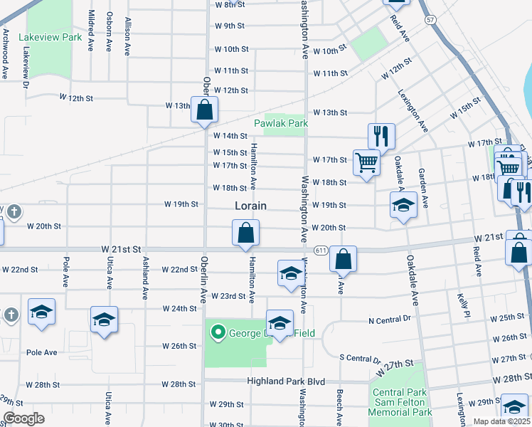 map of restaurants, bars, coffee shops, grocery stores, and more near 1049 West 19th Street in Lorain