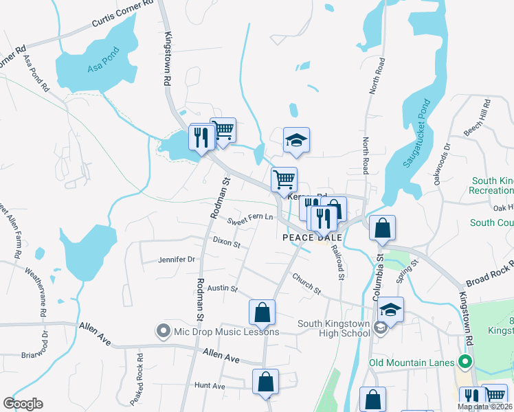 map of restaurants, bars, coffee shops, grocery stores, and more near 37 Sweet Fern Lane in South Kingstown