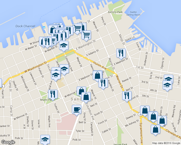 map of restaurants, bars, coffee shops, grocery stores, and more near 223 East Madison Street in Sandusky