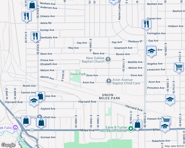 map of restaurants, bars, coffee shops, grocery stores, and more near 10405 Dove Avenue in Cleveland