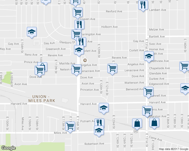 map of restaurants, bars, coffee shops, grocery stores, and more near 11825 Dove Ave in Cleveland