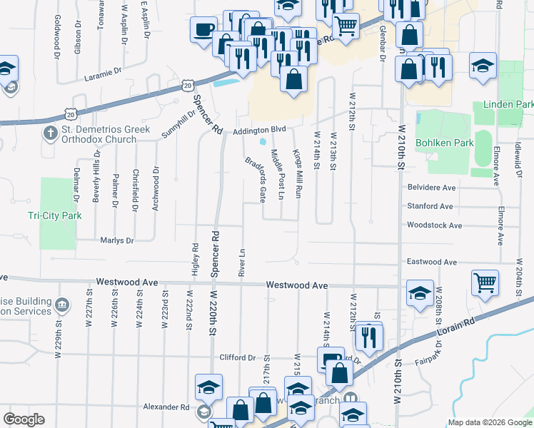 map of restaurants, bars, coffee shops, grocery stores, and more near 21780 Martins Way in Rocky River