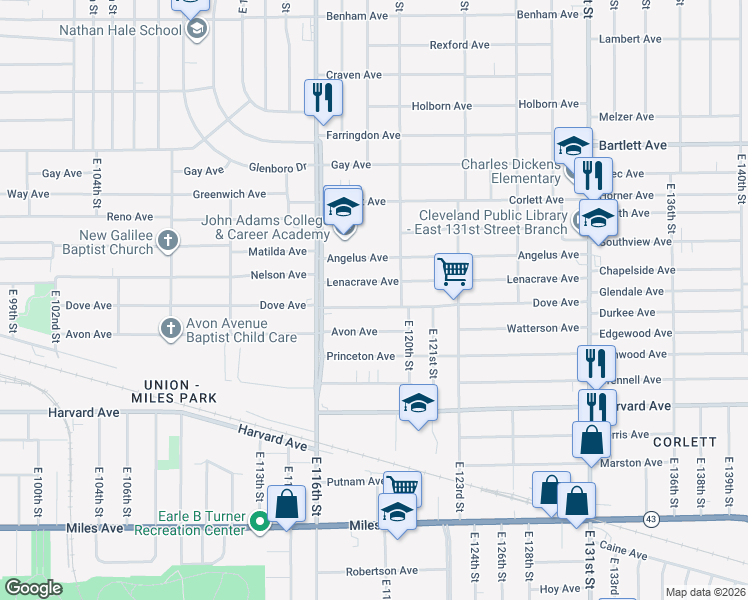 map of restaurants, bars, coffee shops, grocery stores, and more near 11825 Dove Avenue in Cleveland