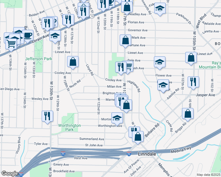 map of restaurants, bars, coffee shops, grocery stores, and more near 11909 Milan Ave in Cleveland