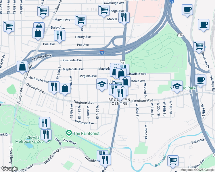 map of restaurants, bars, coffee shops, grocery stores, and more near 3003 Archwood Avenue in Cleveland