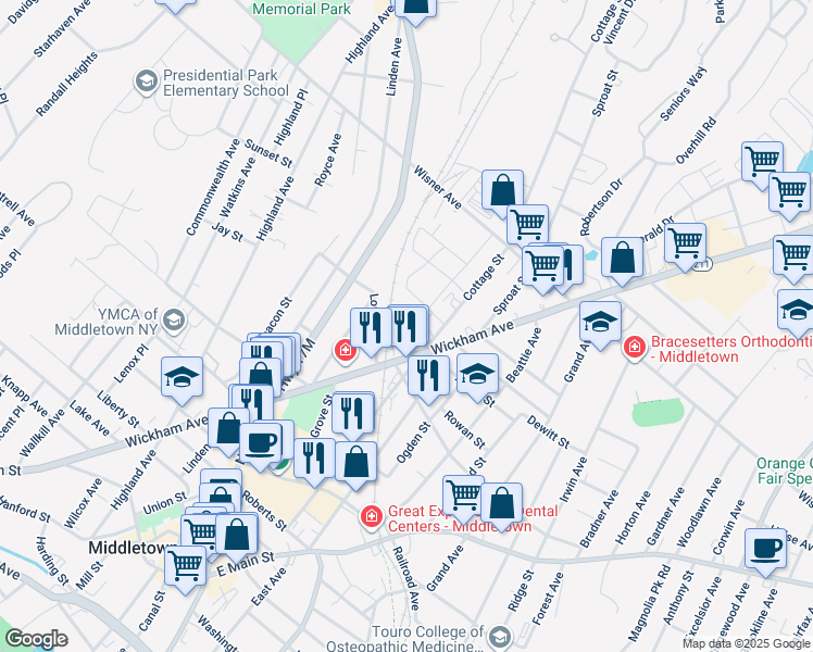 map of restaurants, bars, coffee shops, grocery stores, and more near 15 Eldred Street in Middletown