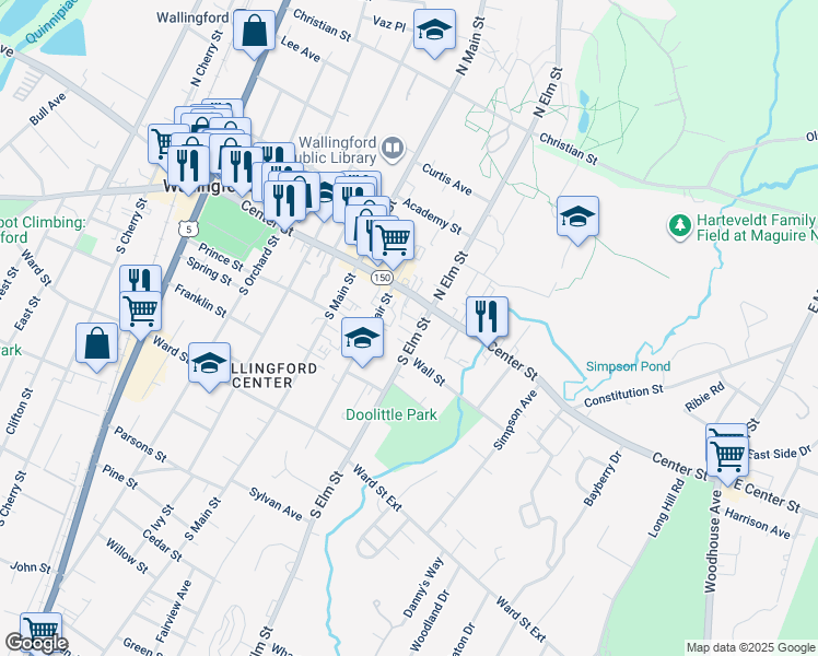 map of restaurants, bars, coffee shops, grocery stores, and more near 19 South Elm Street in Wallingford