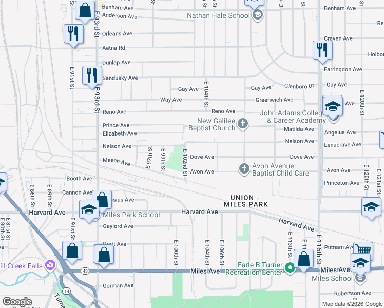 map of restaurants, bars, coffee shops, grocery stores, and more near 10215 Dove Avenue in Cleveland