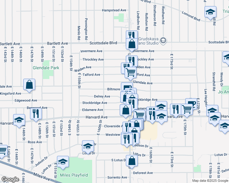 map of restaurants, bars, coffee shops, grocery stores, and more near 16216 Biltmore Ave in Cleveland