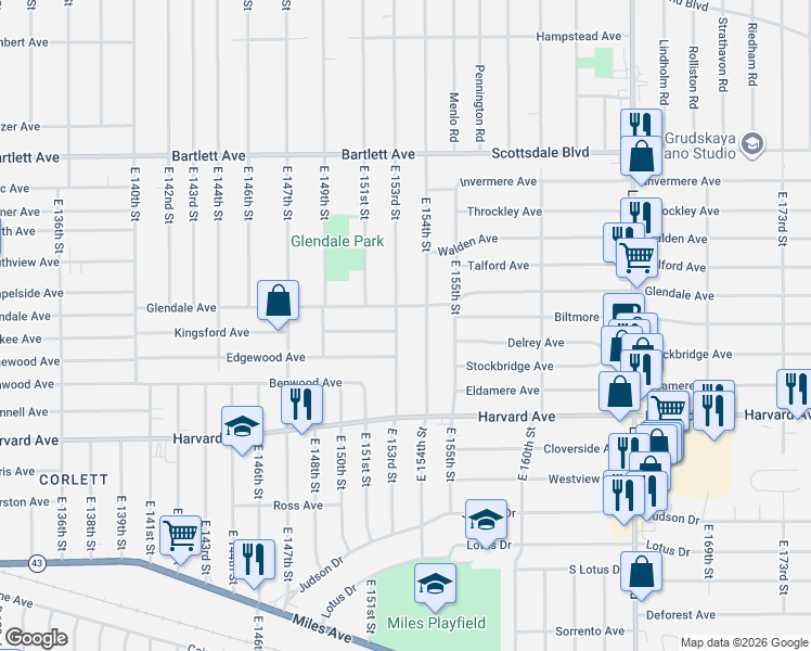 map of restaurants, bars, coffee shops, grocery stores, and more near 3924 East 153rd Street in Cleveland
