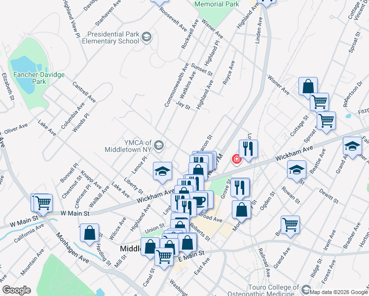 map of restaurants, bars, coffee shops, grocery stores, and more near 100 Highland Avenue in Middletown