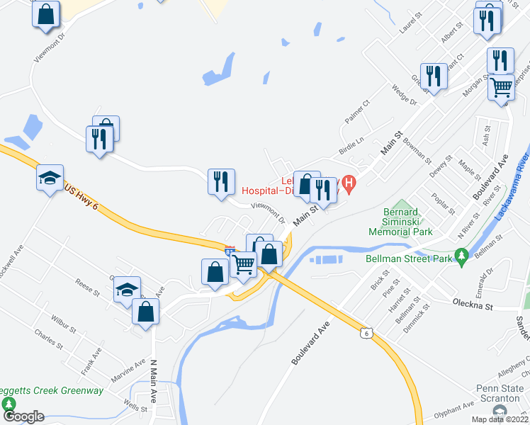 map of restaurants, bars, coffee shops, grocery stores, and more near 231 Lincoln Street in Dickson City